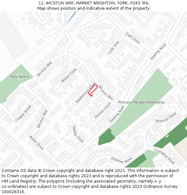 11, WICSTUN WAY, MARKET WEIGHTON, YORK, YO43 3NL: Location map and indicative extent of plot