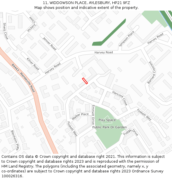 11, WIDDOWSON PLACE, AYLESBURY, HP21 9FZ: Location map and indicative extent of plot