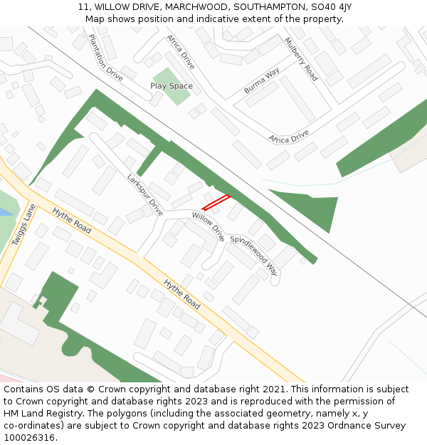 11, WILLOW DRIVE, MARCHWOOD, SOUTHAMPTON, SO40 4JY: Location map and indicative extent of plot