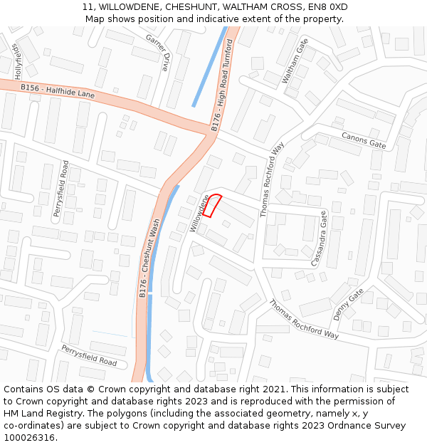 11, WILLOWDENE, CHESHUNT, WALTHAM CROSS, EN8 0XD: Location map and indicative extent of plot