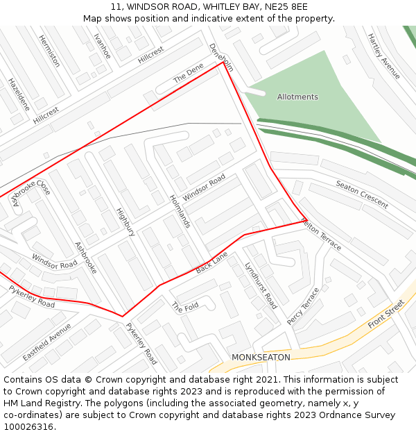 11, WINDSOR ROAD, WHITLEY BAY, NE25 8EE: Location map and indicative extent of plot
