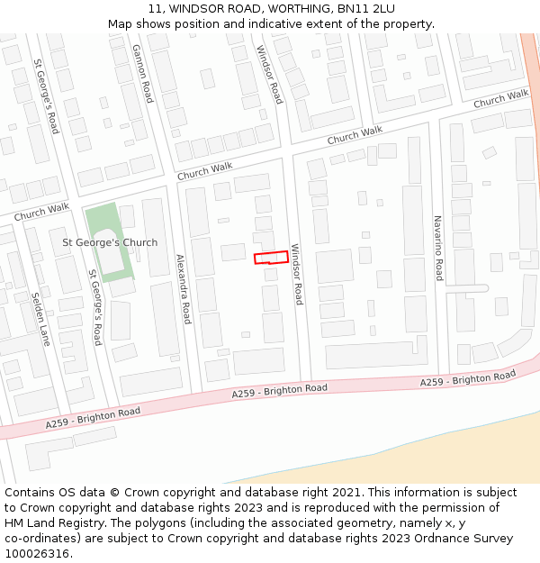 11, WINDSOR ROAD, WORTHING, BN11 2LU: Location map and indicative extent of plot