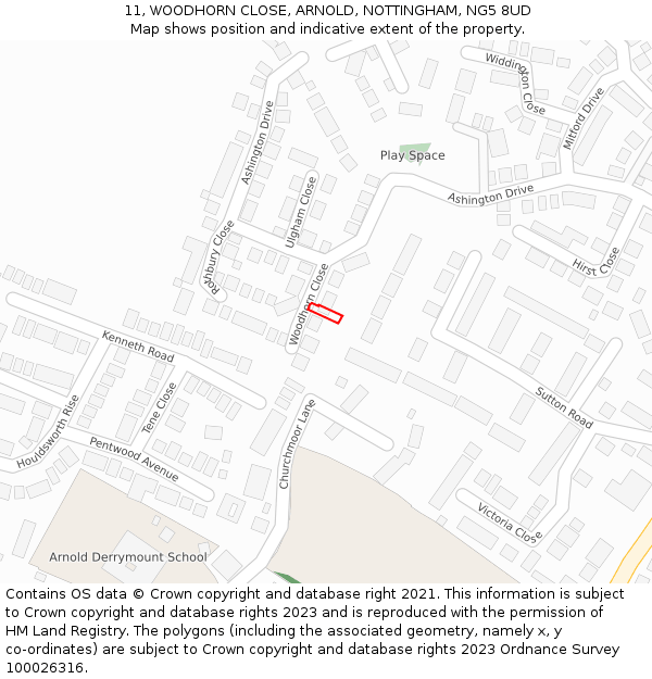 11, WOODHORN CLOSE, ARNOLD, NOTTINGHAM, NG5 8UD: Location map and indicative extent of plot