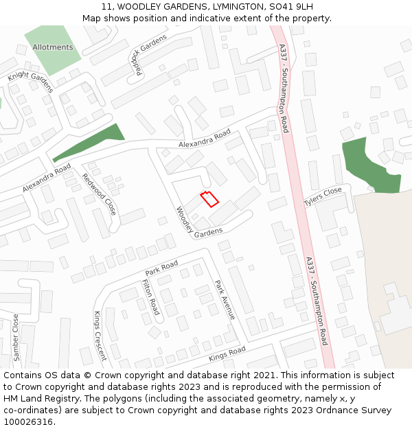 11, WOODLEY GARDENS, LYMINGTON, SO41 9LH: Location map and indicative extent of plot