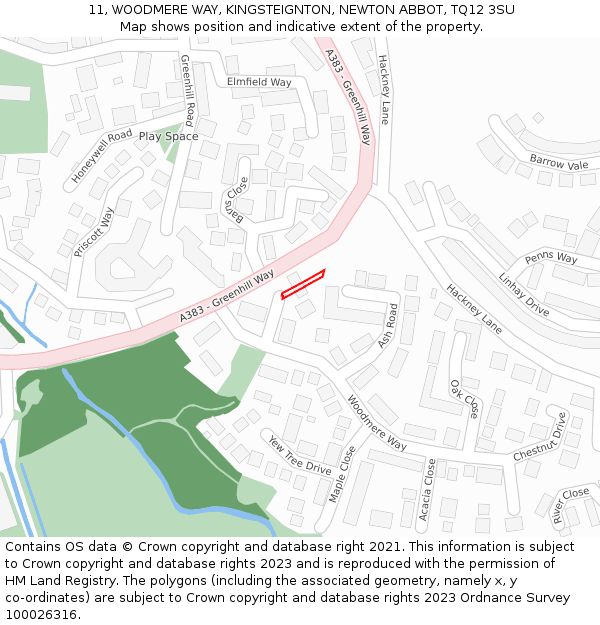 11, WOODMERE WAY, KINGSTEIGNTON, NEWTON ABBOT, TQ12 3SU: Location map and indicative extent of plot