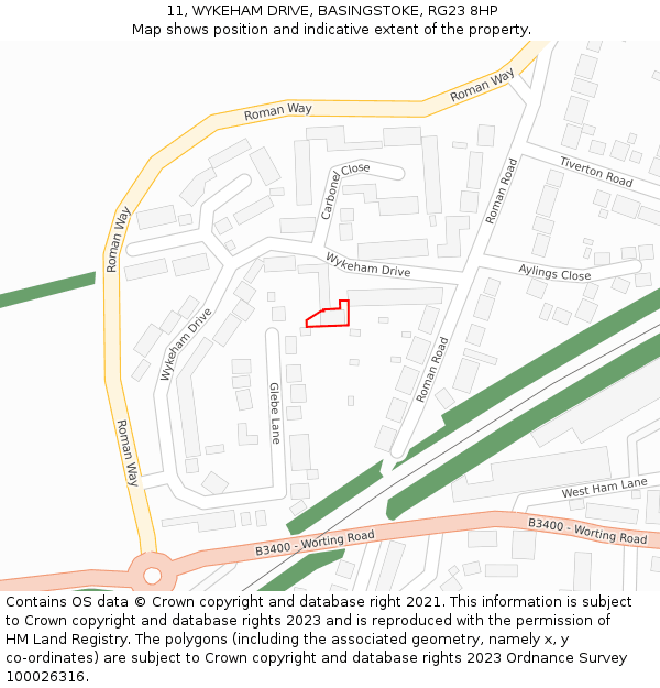 11, WYKEHAM DRIVE, BASINGSTOKE, RG23 8HP: Location map and indicative extent of plot