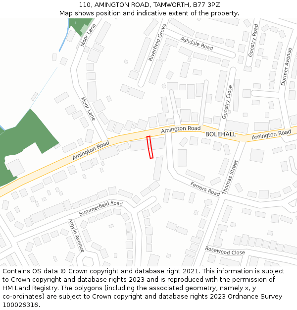 110, AMINGTON ROAD, TAMWORTH, B77 3PZ: Location map and indicative extent of plot