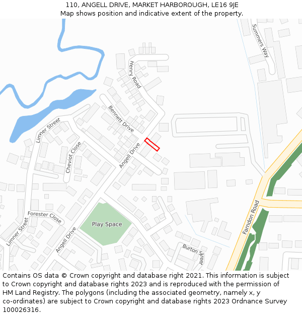 110, ANGELL DRIVE, MARKET HARBOROUGH, LE16 9JE: Location map and indicative extent of plot