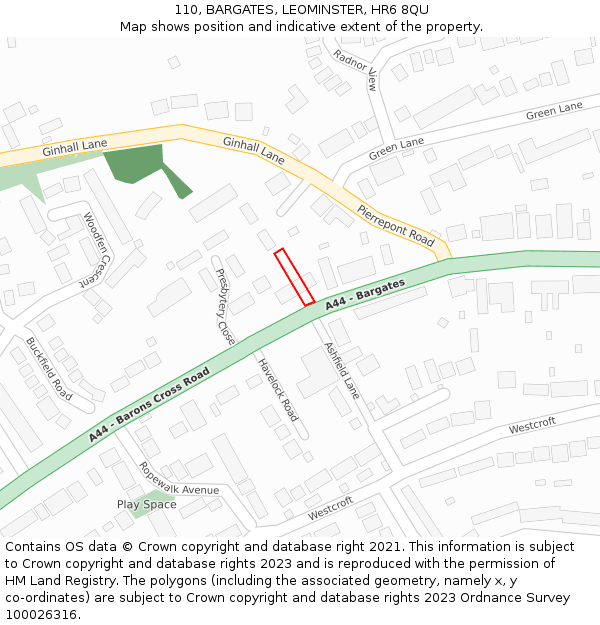 110, BARGATES, LEOMINSTER, HR6 8QU: Location map and indicative extent of plot