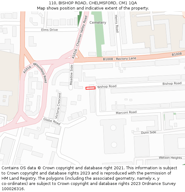 110, BISHOP ROAD, CHELMSFORD, CM1 1QA: Location map and indicative extent of plot