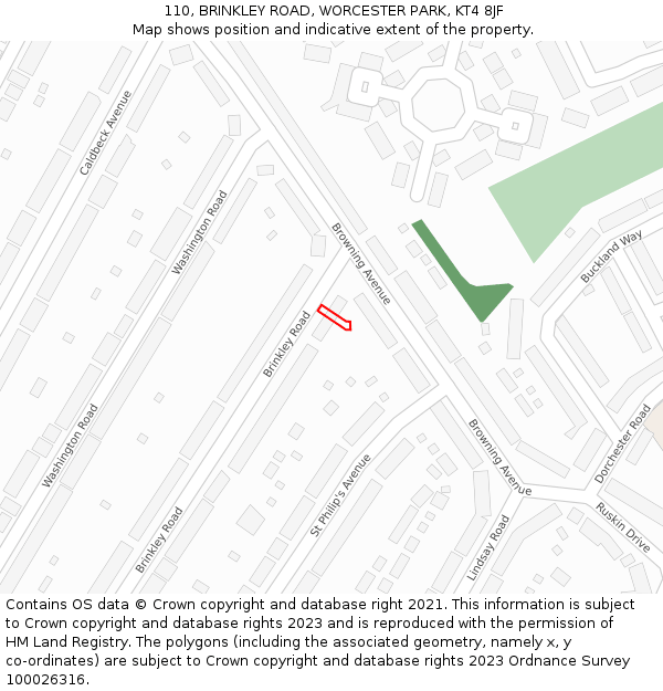 110, BRINKLEY ROAD, WORCESTER PARK, KT4 8JF: Location map and indicative extent of plot