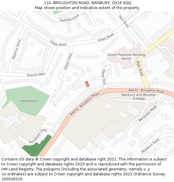 110, BROUGHTON ROAD, BANBURY, OX16 9QQ: Location map and indicative extent of plot