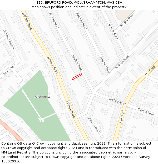 110, BRUFORD ROAD, WOLVERHAMPTON, WV3 0BA: Location map and indicative extent of plot