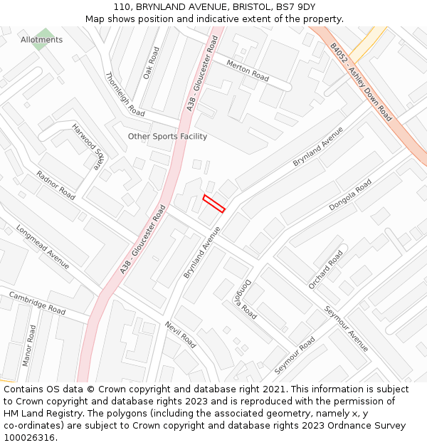 110, BRYNLAND AVENUE, BRISTOL, BS7 9DY: Location map and indicative extent of plot