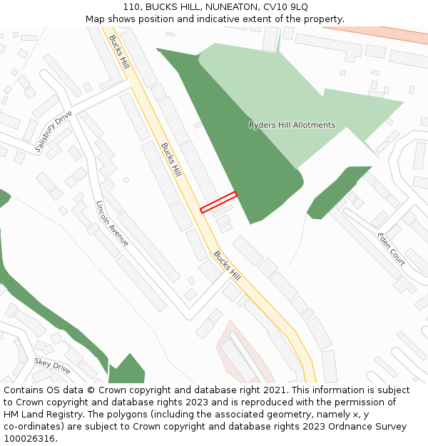 110, BUCKS HILL, NUNEATON, CV10 9LQ: Location map and indicative extent of plot