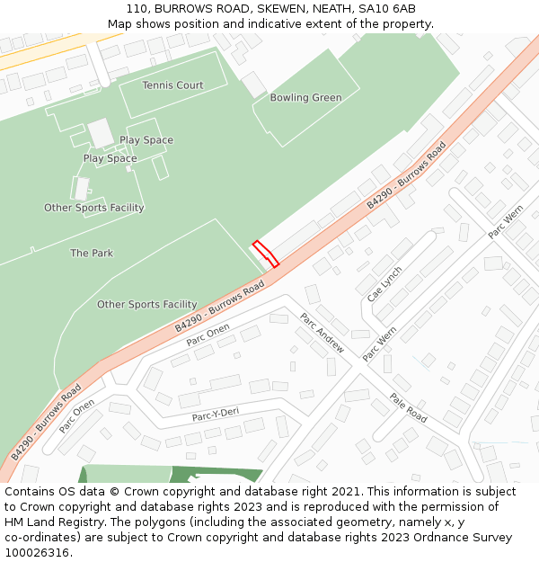 110, BURROWS ROAD, SKEWEN, NEATH, SA10 6AB: Location map and indicative extent of plot