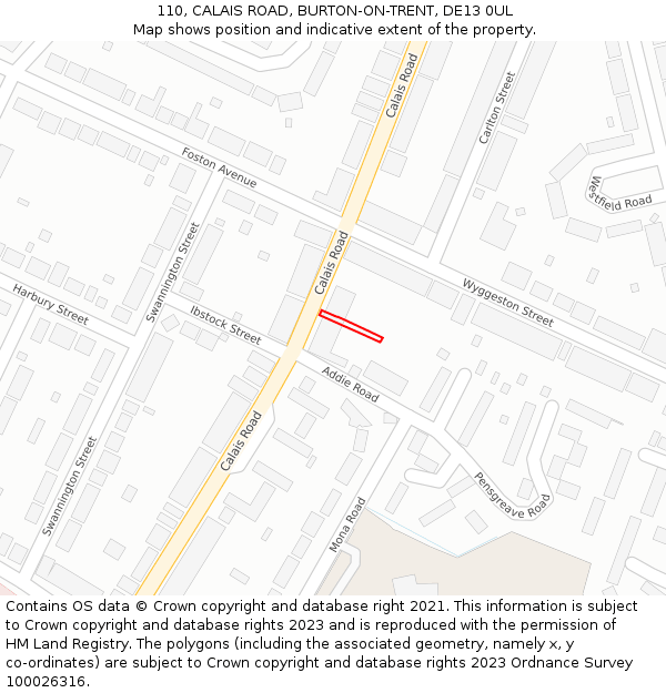 110, CALAIS ROAD, BURTON-ON-TRENT, DE13 0UL: Location map and indicative extent of plot