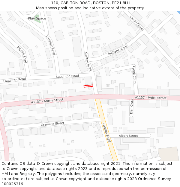 110, CARLTON ROAD, BOSTON, PE21 8LH: Location map and indicative extent of plot