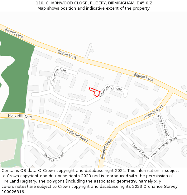 110, CHARNWOOD CLOSE, RUBERY, BIRMINGHAM, B45 0JZ: Location map and indicative extent of plot