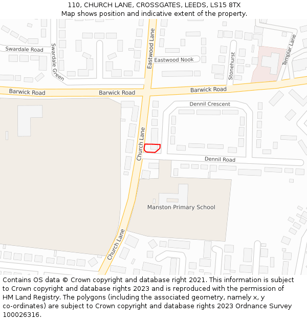 110, CHURCH LANE, CROSSGATES, LEEDS, LS15 8TX: Location map and indicative extent of plot