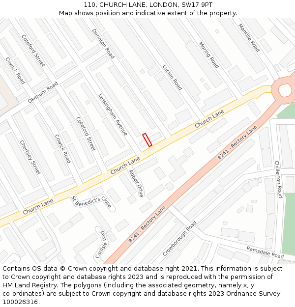 110, CHURCH LANE, LONDON, SW17 9PT: Location map and indicative extent of plot