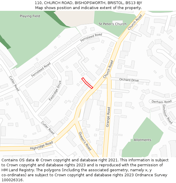 110, CHURCH ROAD, BISHOPSWORTH, BRISTOL, BS13 8JY: Location map and indicative extent of plot