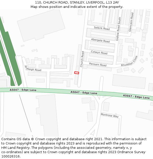110, CHURCH ROAD, STANLEY, LIVERPOOL, L13 2AY: Location map and indicative extent of plot