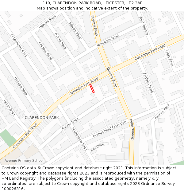 110, CLARENDON PARK ROAD, LEICESTER, LE2 3AE: Location map and indicative extent of plot