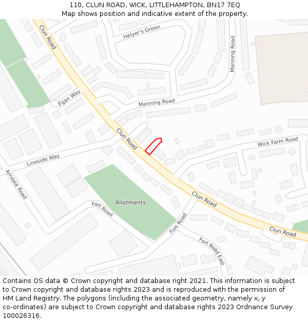 110, CLUN ROAD, WICK, LITTLEHAMPTON, BN17 7EQ: Location map and indicative extent of plot