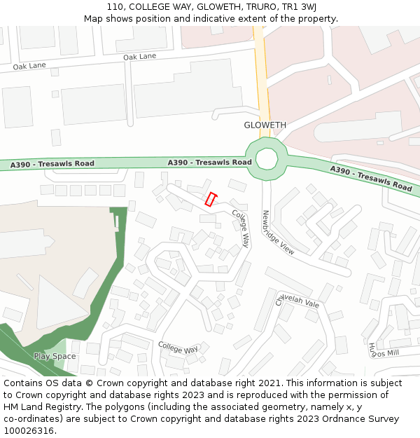 110, COLLEGE WAY, GLOWETH, TRURO, TR1 3WJ: Location map and indicative extent of plot