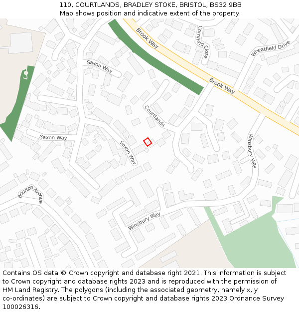 110, COURTLANDS, BRADLEY STOKE, BRISTOL, BS32 9BB: Location map and indicative extent of plot