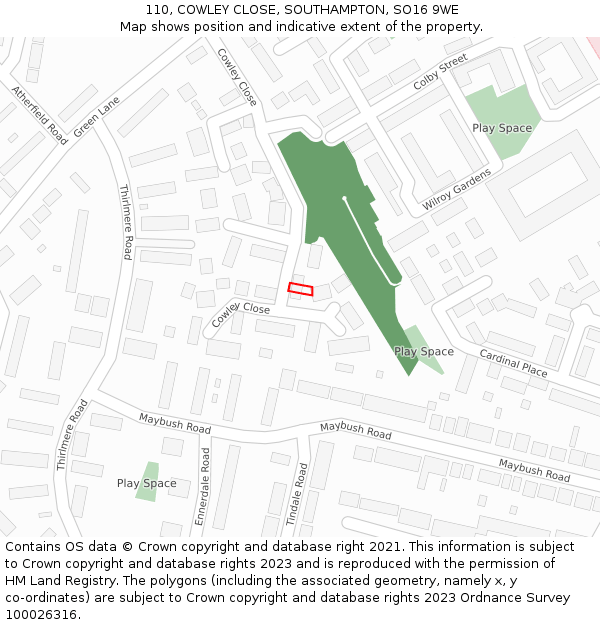 110, COWLEY CLOSE, SOUTHAMPTON, SO16 9WE: Location map and indicative extent of plot