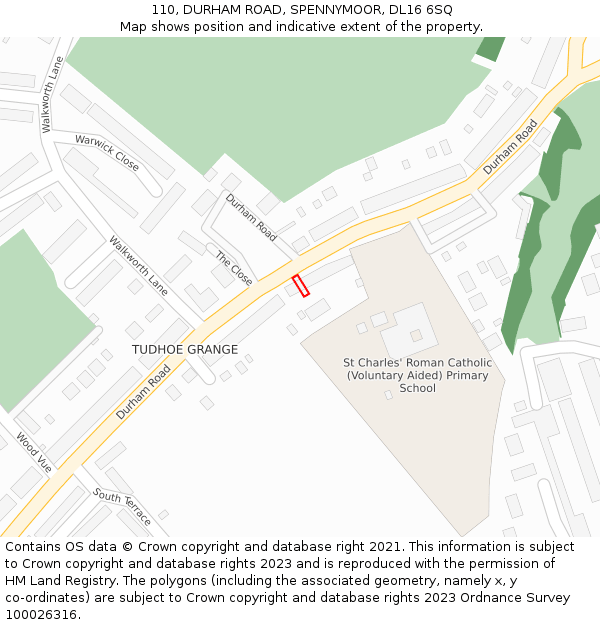 110, DURHAM ROAD, SPENNYMOOR, DL16 6SQ: Location map and indicative extent of plot