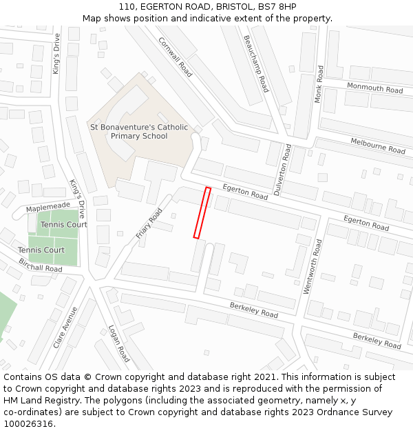 110, EGERTON ROAD, BRISTOL, BS7 8HP: Location map and indicative extent of plot