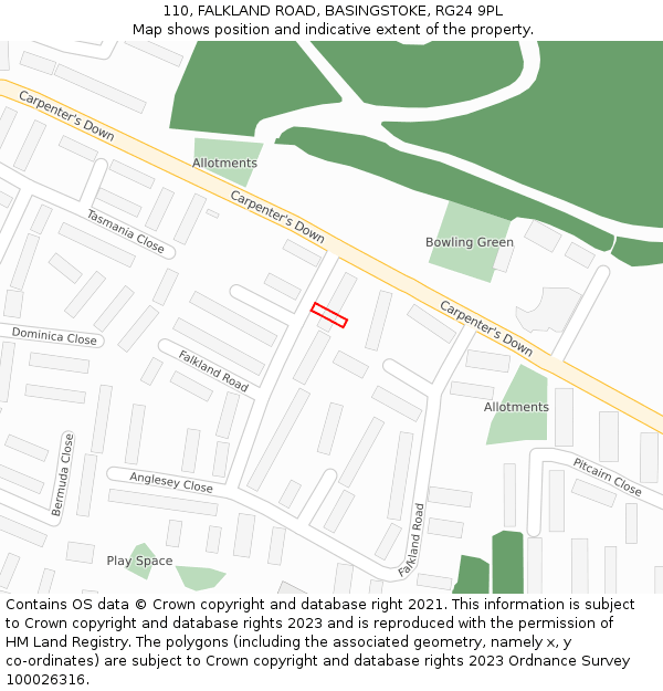 110, FALKLAND ROAD, BASINGSTOKE, RG24 9PL: Location map and indicative extent of plot