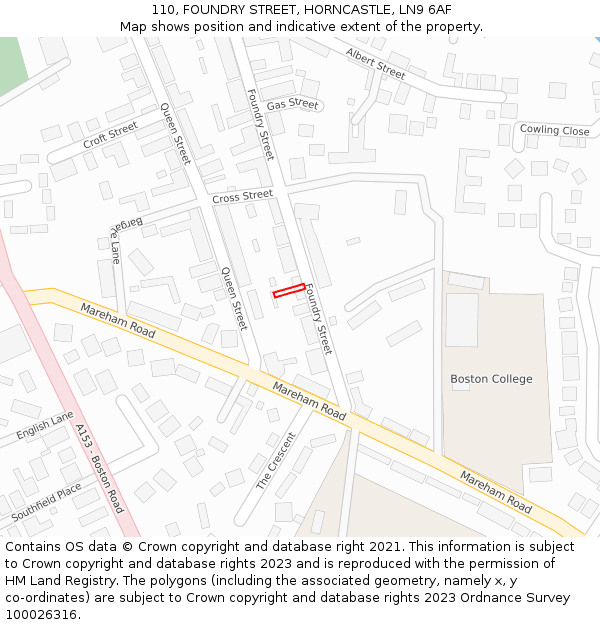110, FOUNDRY STREET, HORNCASTLE, LN9 6AF: Location map and indicative extent of plot