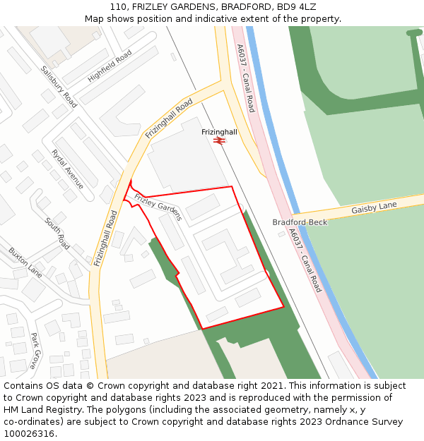 110, FRIZLEY GARDENS, BRADFORD, BD9 4LZ: Location map and indicative extent of plot