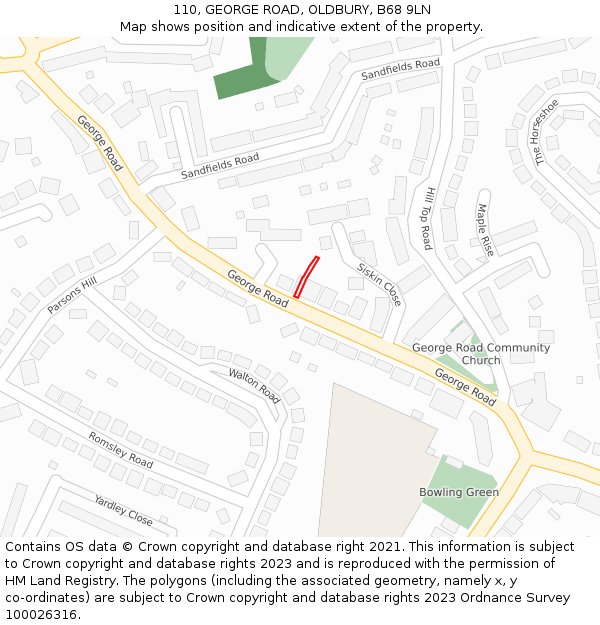 110, GEORGE ROAD, OLDBURY, B68 9LN: Location map and indicative extent of plot