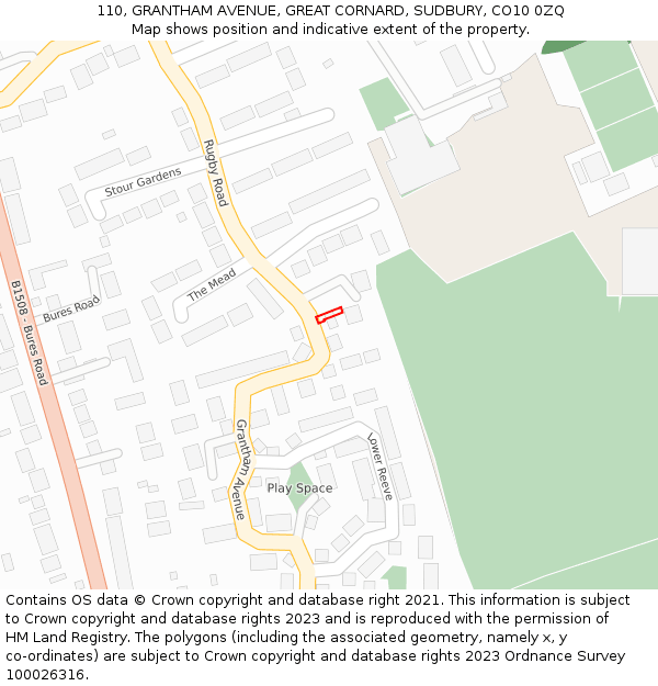 110, GRANTHAM AVENUE, GREAT CORNARD, SUDBURY, CO10 0ZQ: Location map and indicative extent of plot
