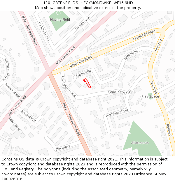 110, GREENFIELDS, HECKMONDWIKE, WF16 9HD: Location map and indicative extent of plot