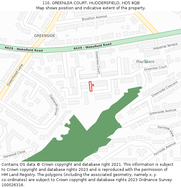 110, GREENLEA COURT, HUDDERSFIELD, HD5 8QB: Location map and indicative extent of plot