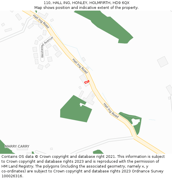 110, HALL ING, HONLEY, HOLMFIRTH, HD9 6QX: Location map and indicative extent of plot