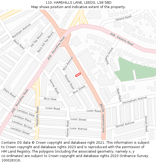 110, HAREHILLS LANE, LEEDS, LS8 5BD: Location map and indicative extent of plot