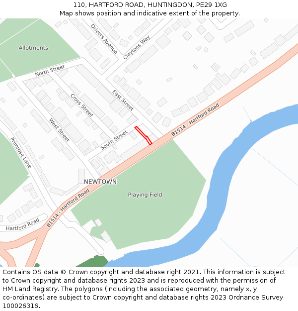 110, HARTFORD ROAD, HUNTINGDON, PE29 1XG: Location map and indicative extent of plot