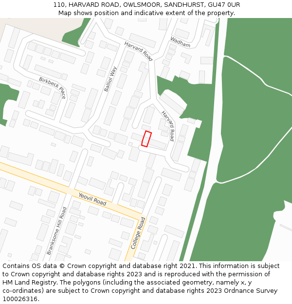 110, HARVARD ROAD, OWLSMOOR, SANDHURST, GU47 0UR: Location map and indicative extent of plot