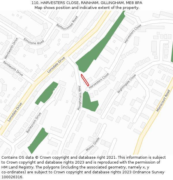 110, HARVESTERS CLOSE, RAINHAM, GILLINGHAM, ME8 8PA: Location map and indicative extent of plot