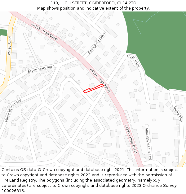 110, HIGH STREET, CINDERFORD, GL14 2TD: Location map and indicative extent of plot