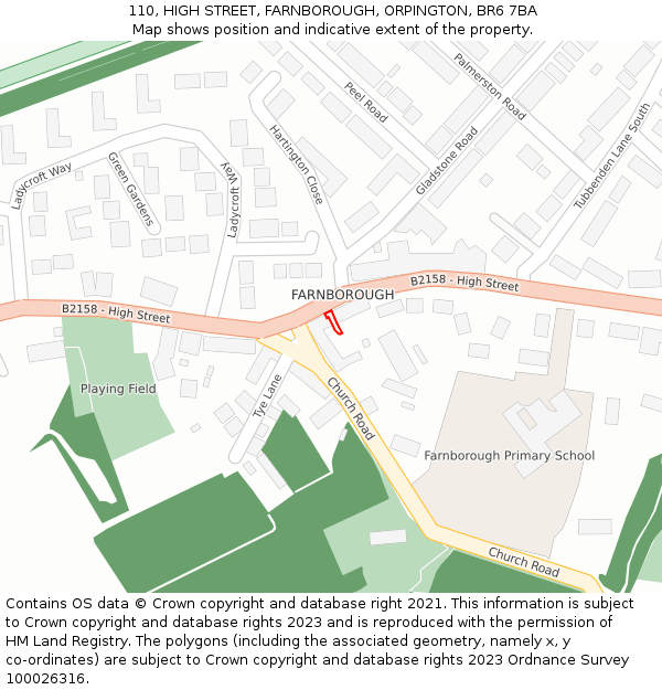110, HIGH STREET, FARNBOROUGH, ORPINGTON, BR6 7BA: Location map and indicative extent of plot