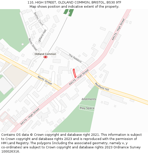 110, HIGH STREET, OLDLAND COMMON, BRISTOL, BS30 9TF: Location map and indicative extent of plot
