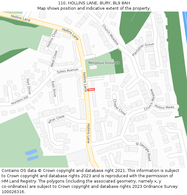 110, HOLLINS LANE, BURY, BL9 8AH: Location map and indicative extent of plot
